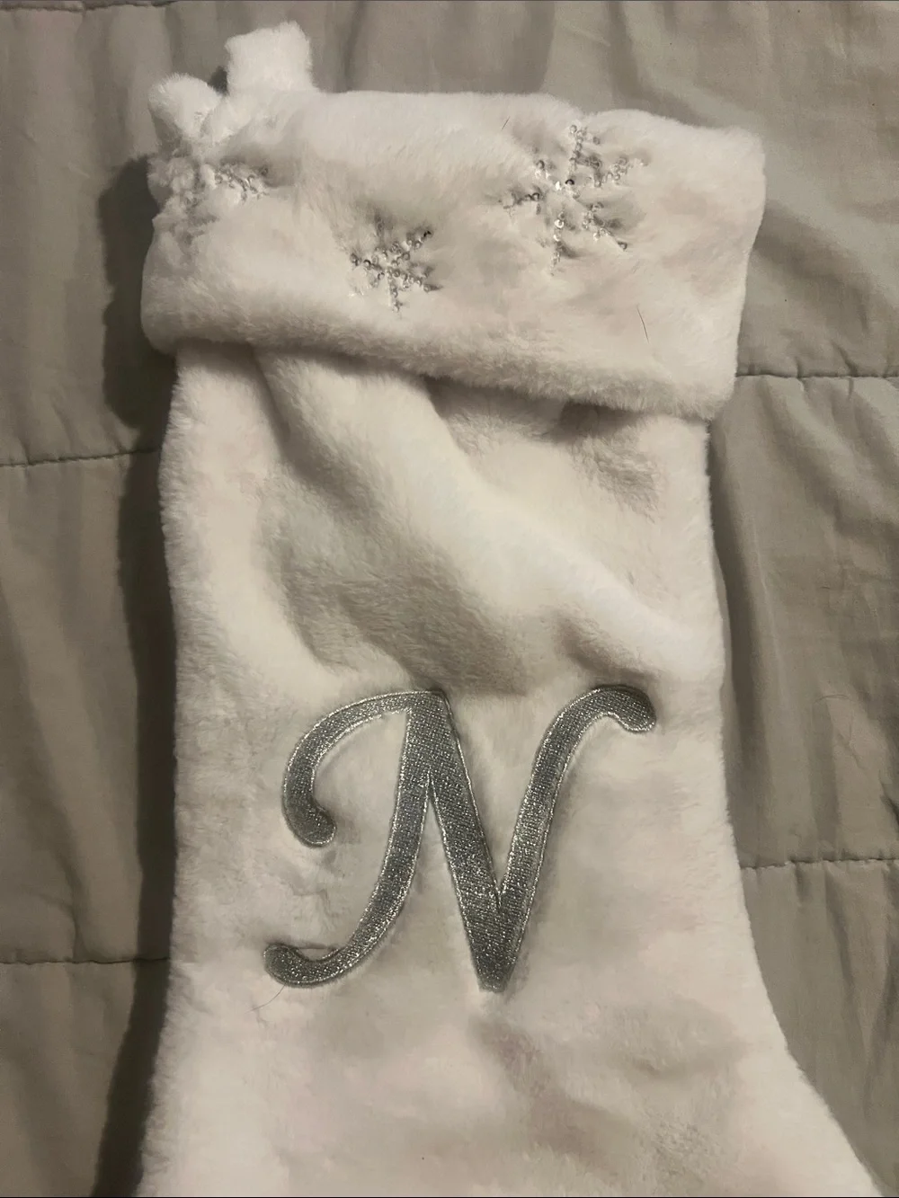White Plush Holiday Stocking with Silver 'N' Monogram